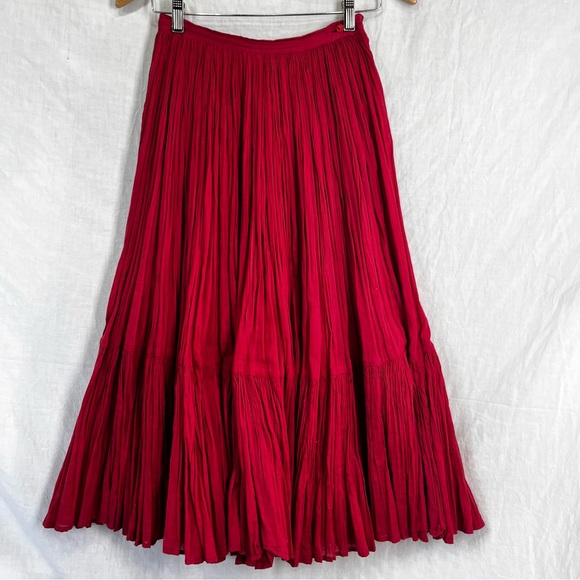 Vintage Red Full Broom Skirt Maxi 25 in Waist Pleated Crinkle Crepe Cotton Sz 7 - Picture 1 of 16
